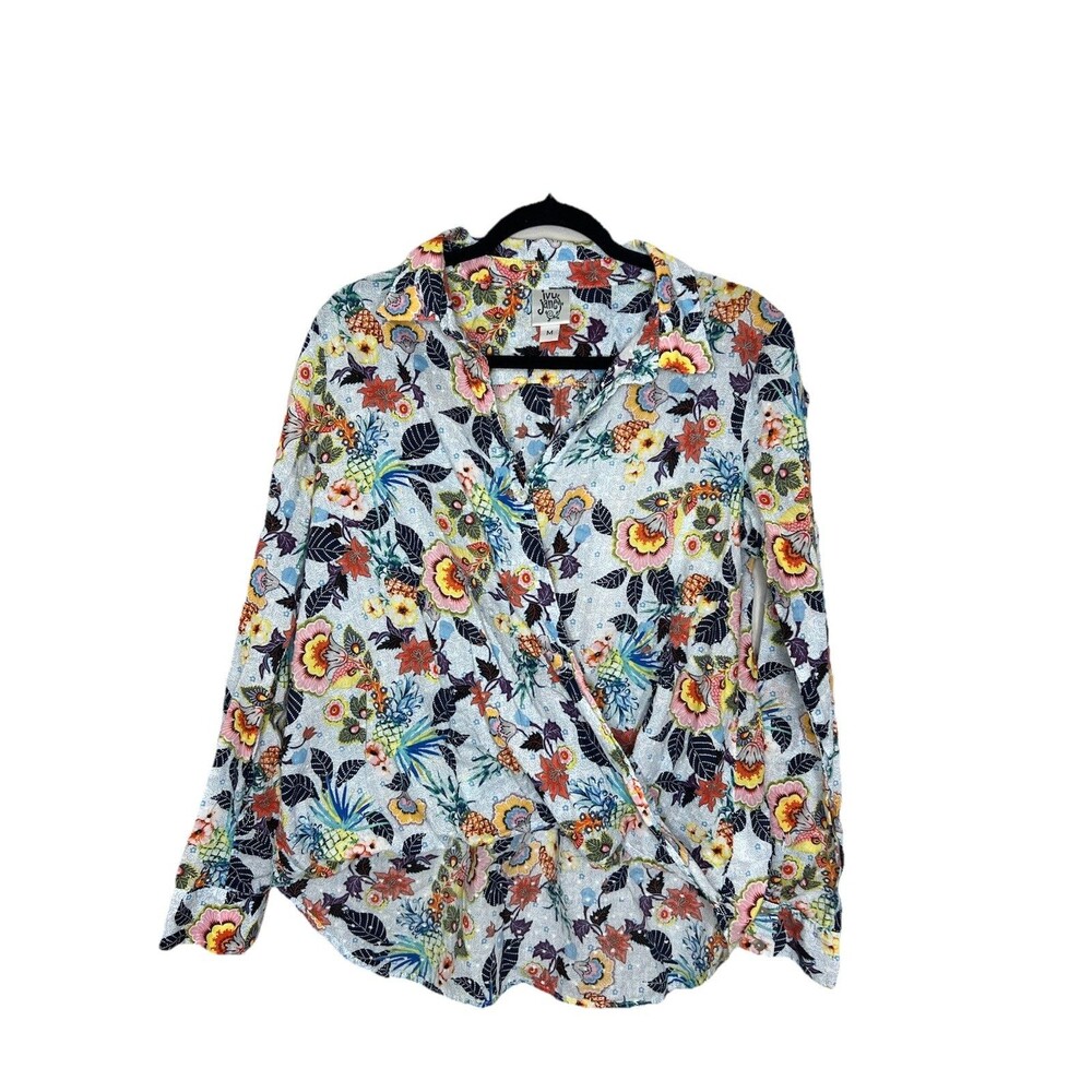 Ivy Jane Top Blouse Women  Medium Blue Colorful Floral Seersucker Boho Fairy